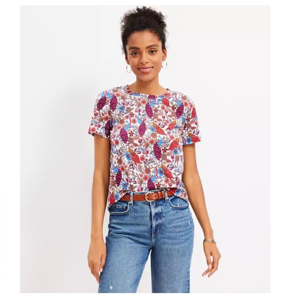 LOFT Peacock Everyday Crew Tee - White with Multicolor Floral Print